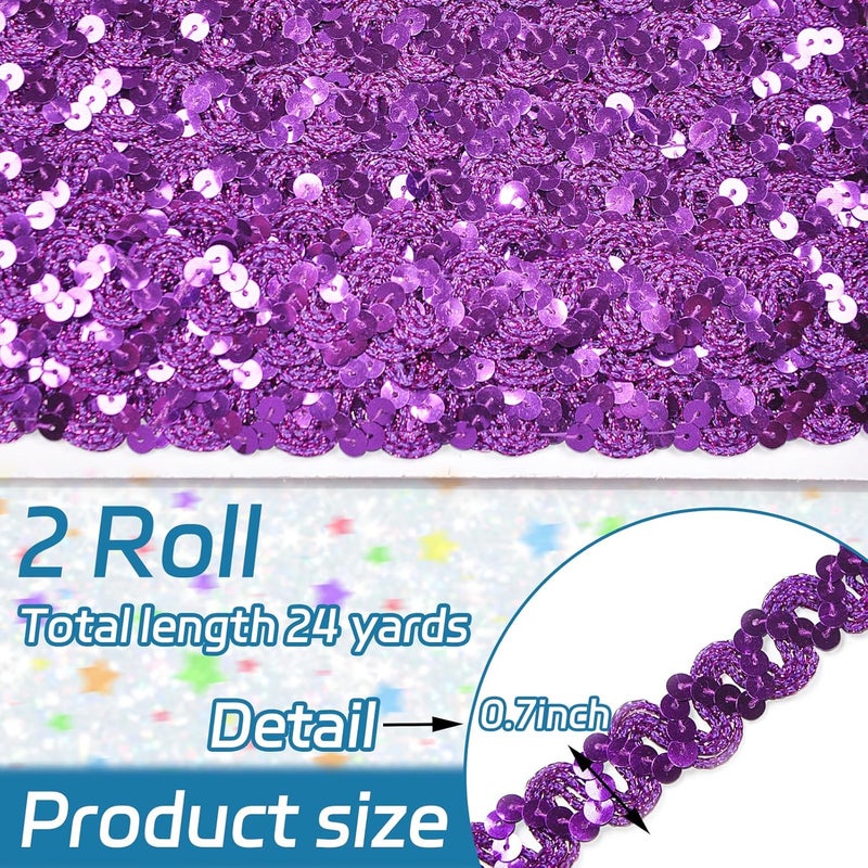 TACOLO Sequin Ribbon Trim 24 Yards Flat Glitter Ribbon, 2 Rolls Sequins Beaded Lace Trim for Sewing, DIY Crafts, Clothing, Headband, Embellishments (Deep Purple) - Image 2